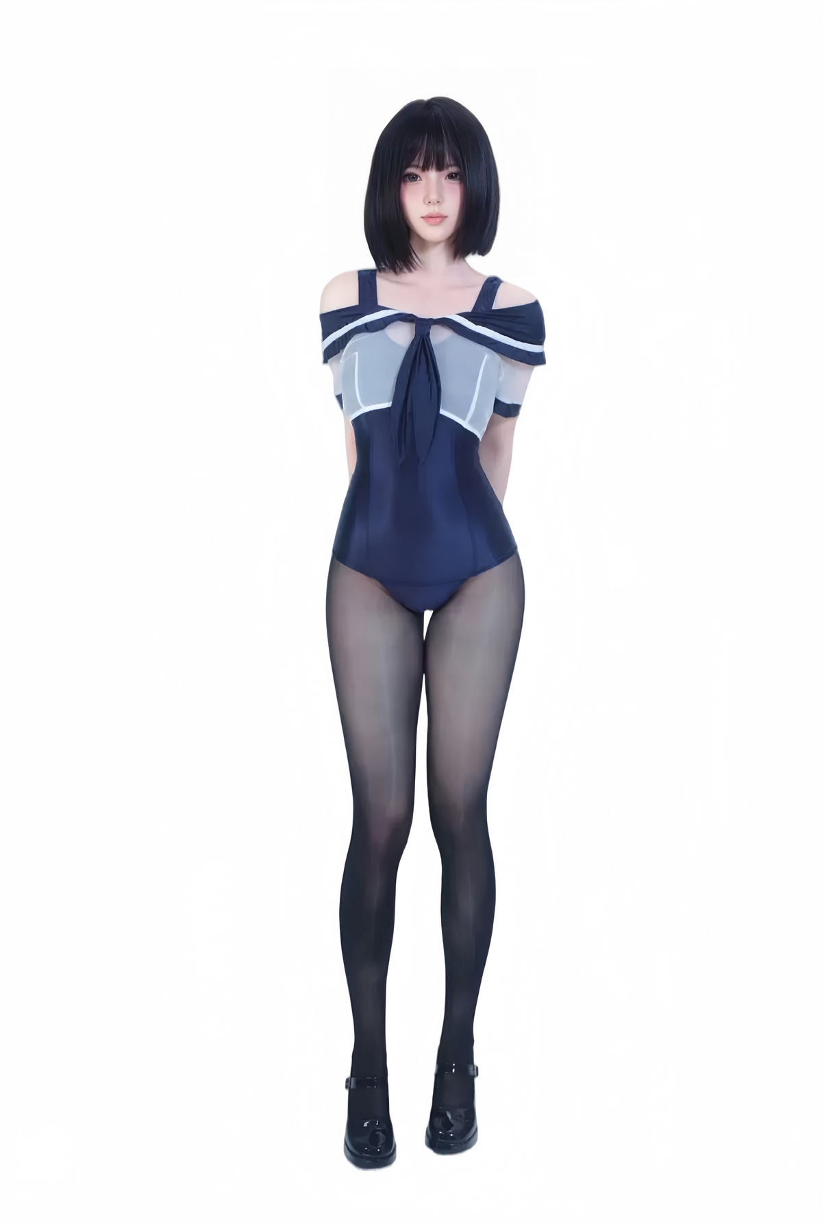 3-Piece Sailor Collar Bodysuit Set – Includes Glossy Bodysuit, Sheer Sailor Crop Top & Tights