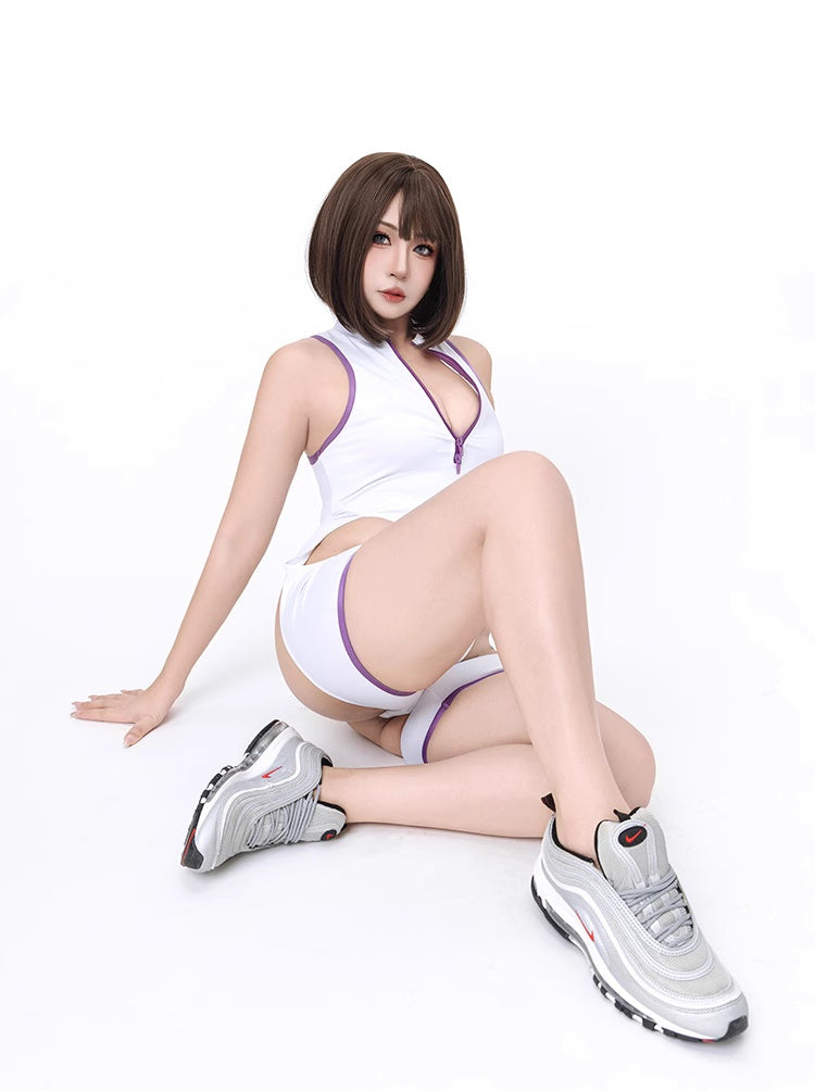 Anime Style Sexy One-piece Swimsuit Front Zipper Spandex Racing Swimwear Bodysuit