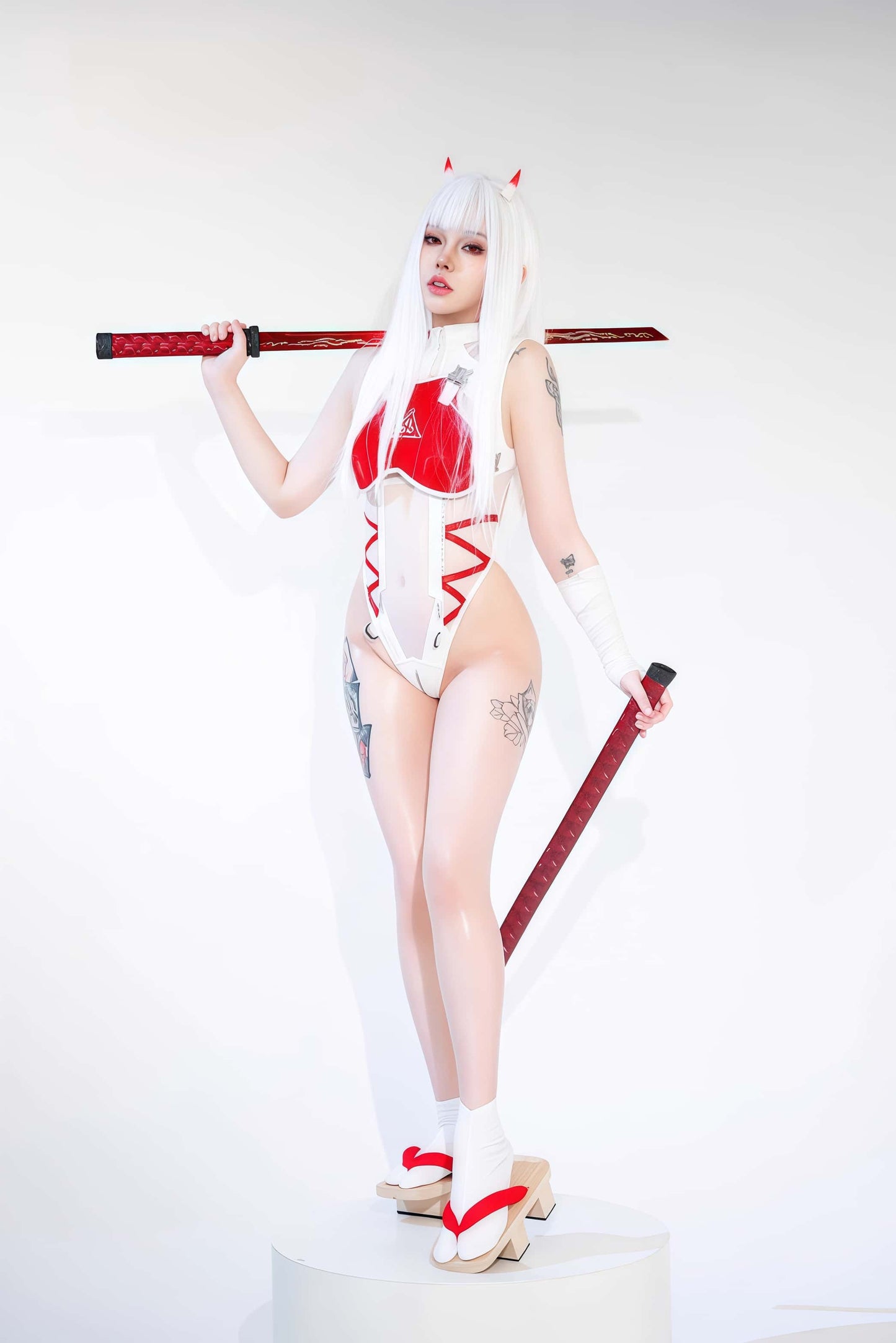 Tactical Anime Girl PU Leather Sheer Mesh Sexy Cosplay Bodysuit Costume White