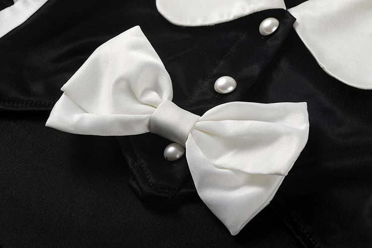 Sensual French Maid Cosplay Lingerie Set - Sheer Bodysuit & Satin PU Leather Crop Top