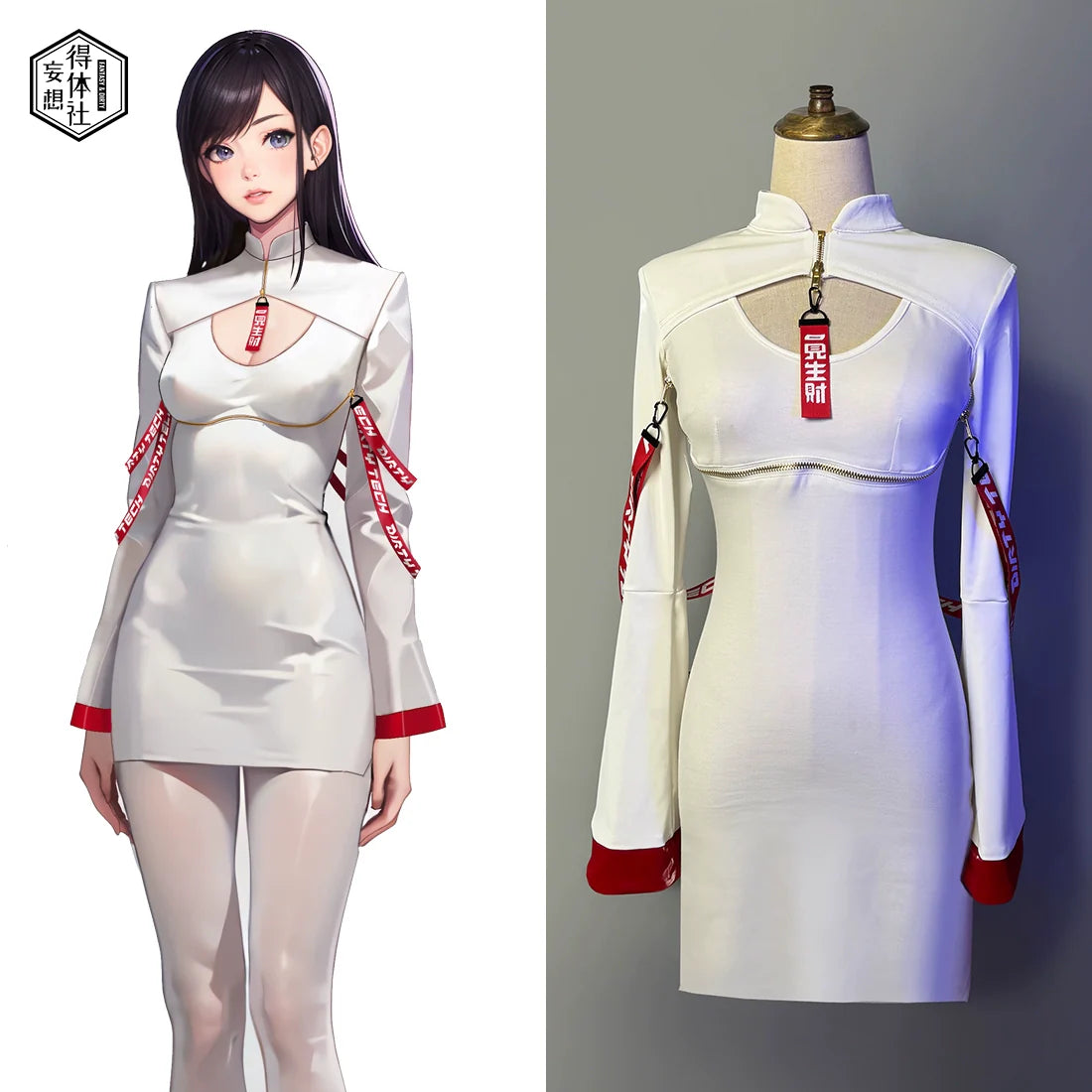 Anime Style Black and White Witch Spandex PU Leather Short Dress with Bust Zipper