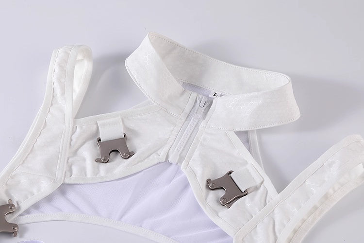 White baby carrier with straps on a light gray background