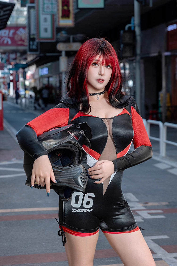 Black and Red One-Piece Spandex Race Queen Bodysuit Cotume with Sheer Mesh