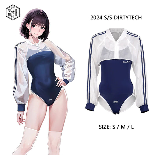Anime Style Blue Spandex One-piece Swimsuit with Sheer Crop Jacket and Stockings
