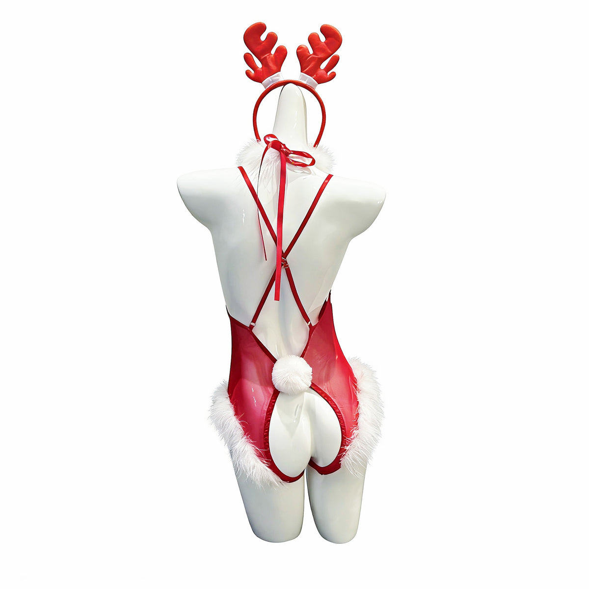 Naughty & Nice: Backless Reindeer Cosplay Teddy with Fur Trim