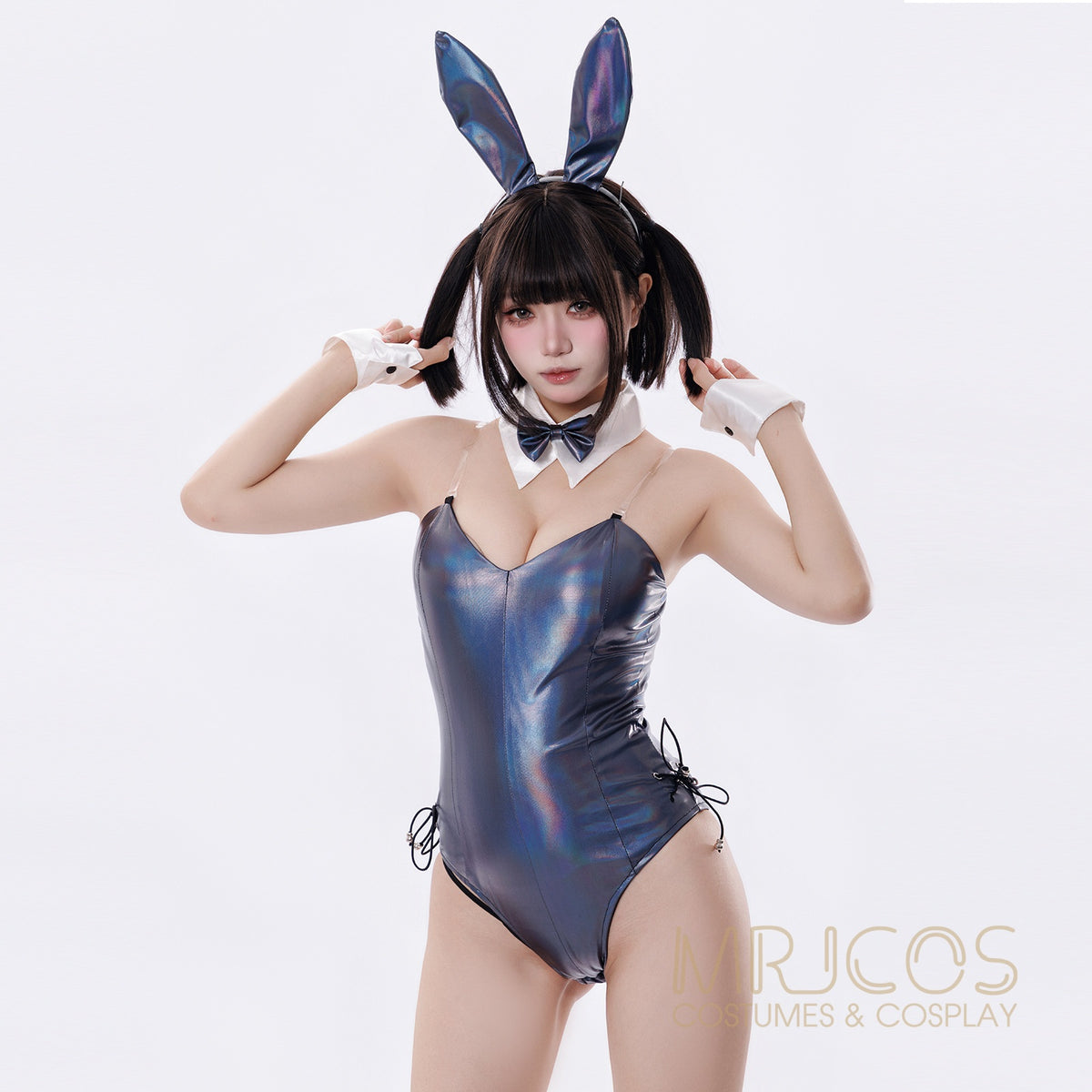 Iridescent Metallic Bunny Girl Cosplay Bodysuit Set – Holographic PU Leather Open Crotch Lingerie