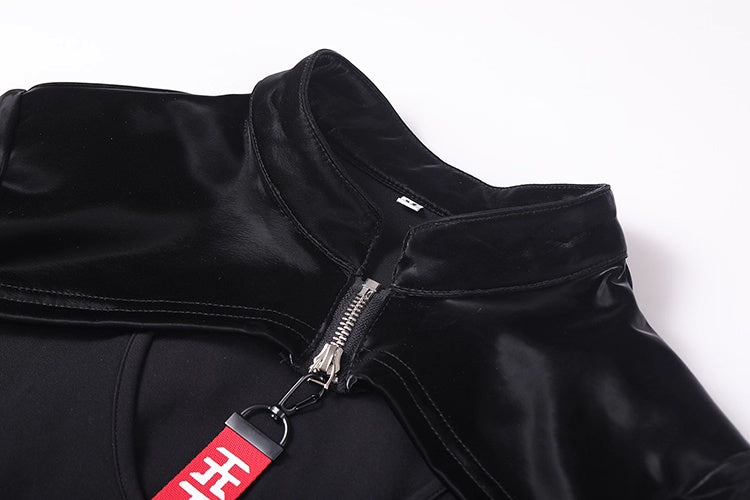 Anime Style Black and White Witch Spandex PU Leather Short Dress with Bust Zipper