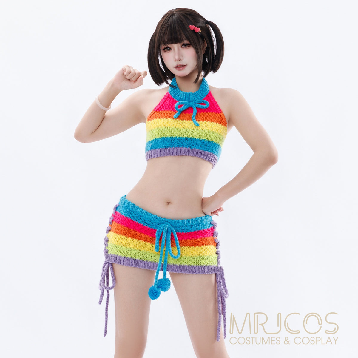 Rainbow Knit Halter Crop Top & Mini Skirt Set – Anime Cosplay & Festival Two-Piece Outfit