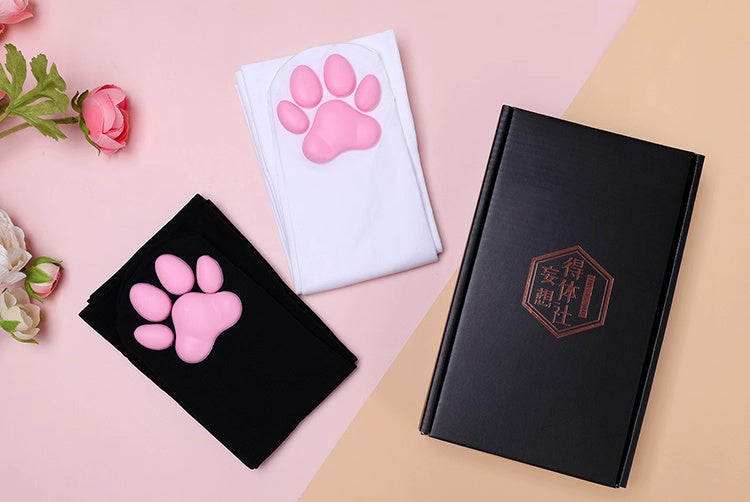 100D Knee Stockings with 3D Cute Cat Paw Paddings Anime Style Velvet Stockings