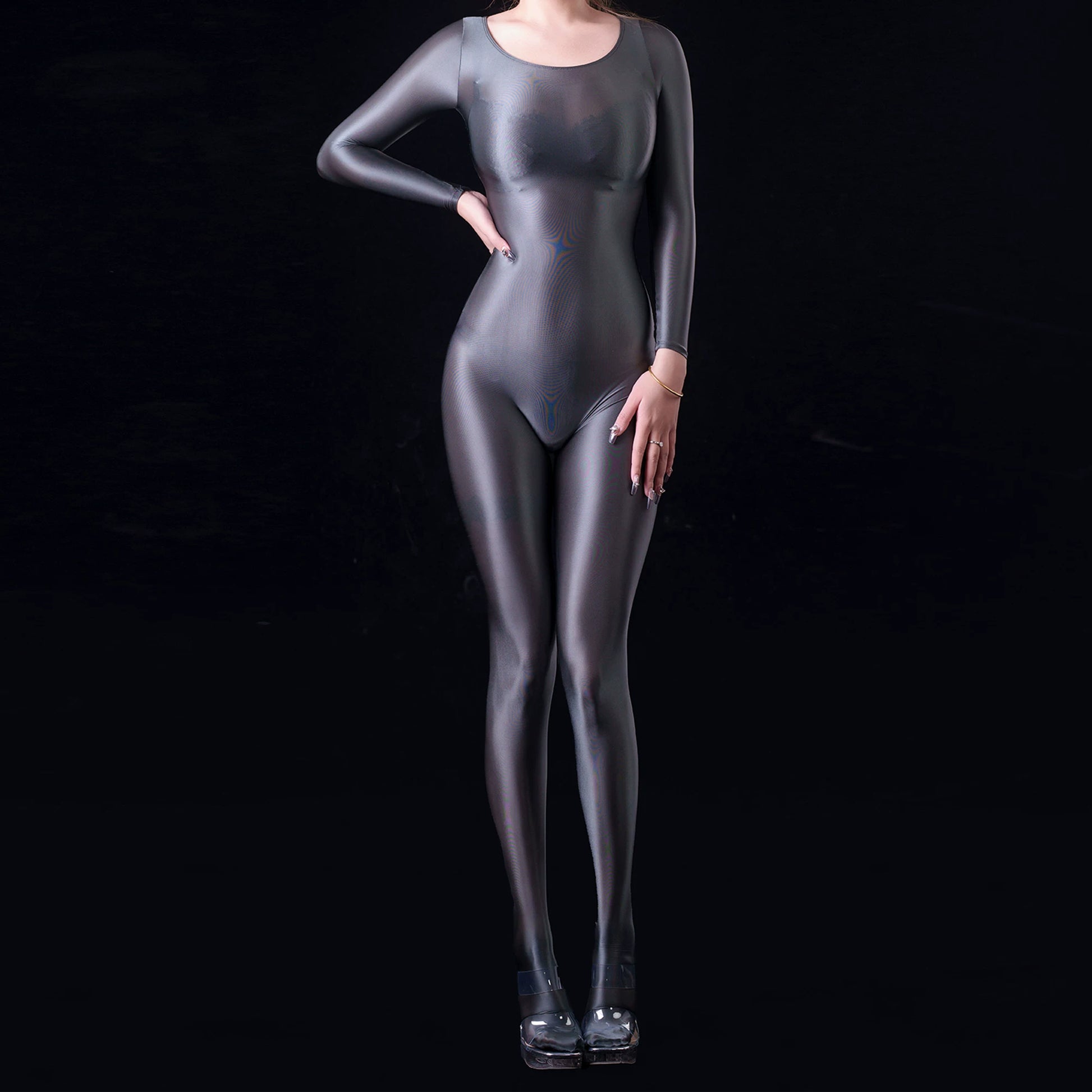 Ultra-Sheer High-Gloss Full Bodysuit - Wide Neck Footed Spandex Jumpsuit