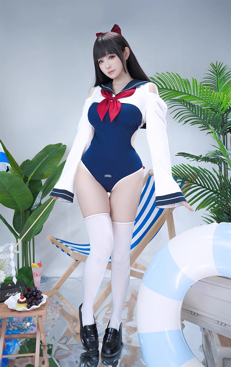 Anime Sailor Style Two-Piece Uniform Bondage Swimsuit Set with Crop Top
