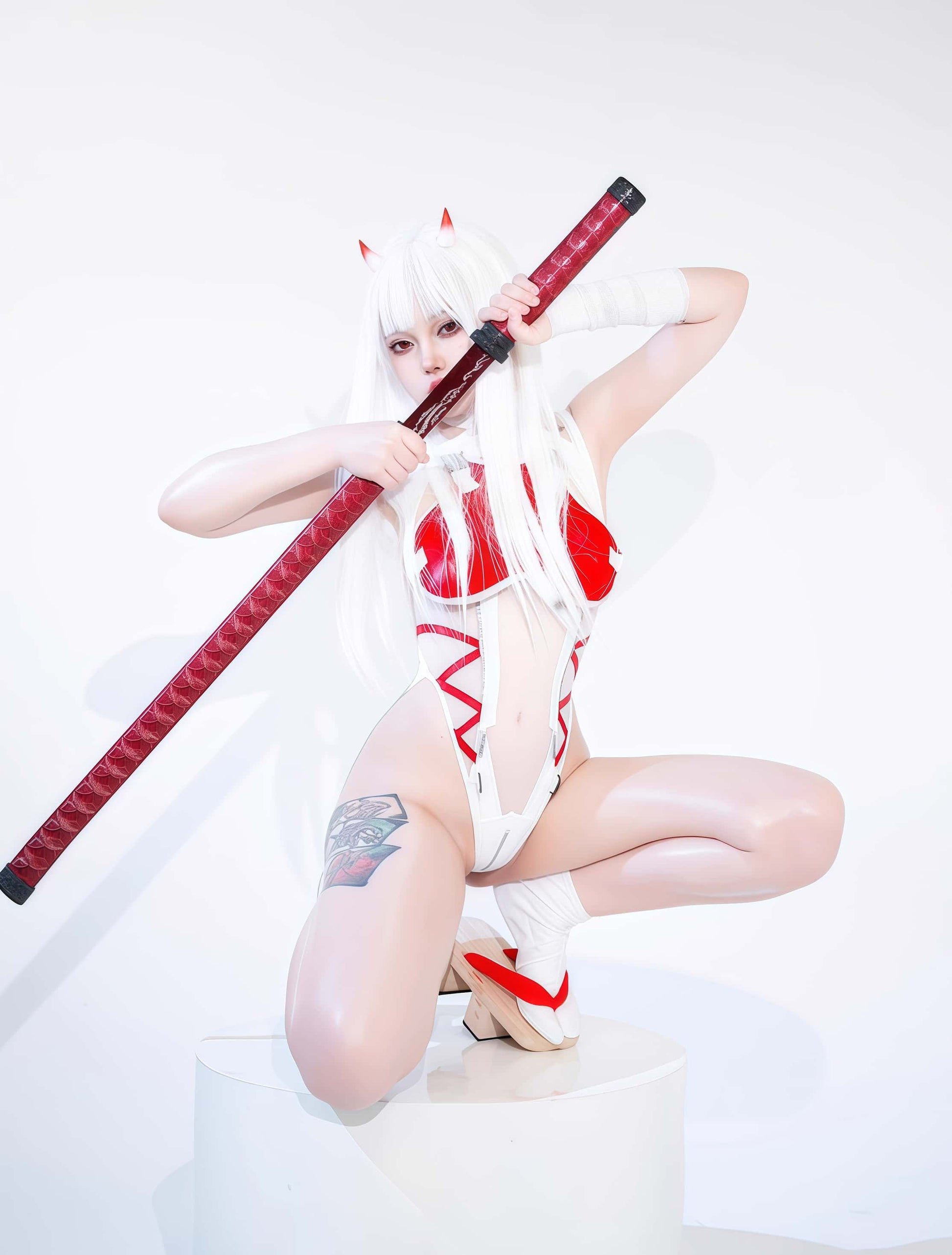 Tactical Anime Girl PU Leather Sheer Mesh Sexy Cosplay Bodysuit Costume White
