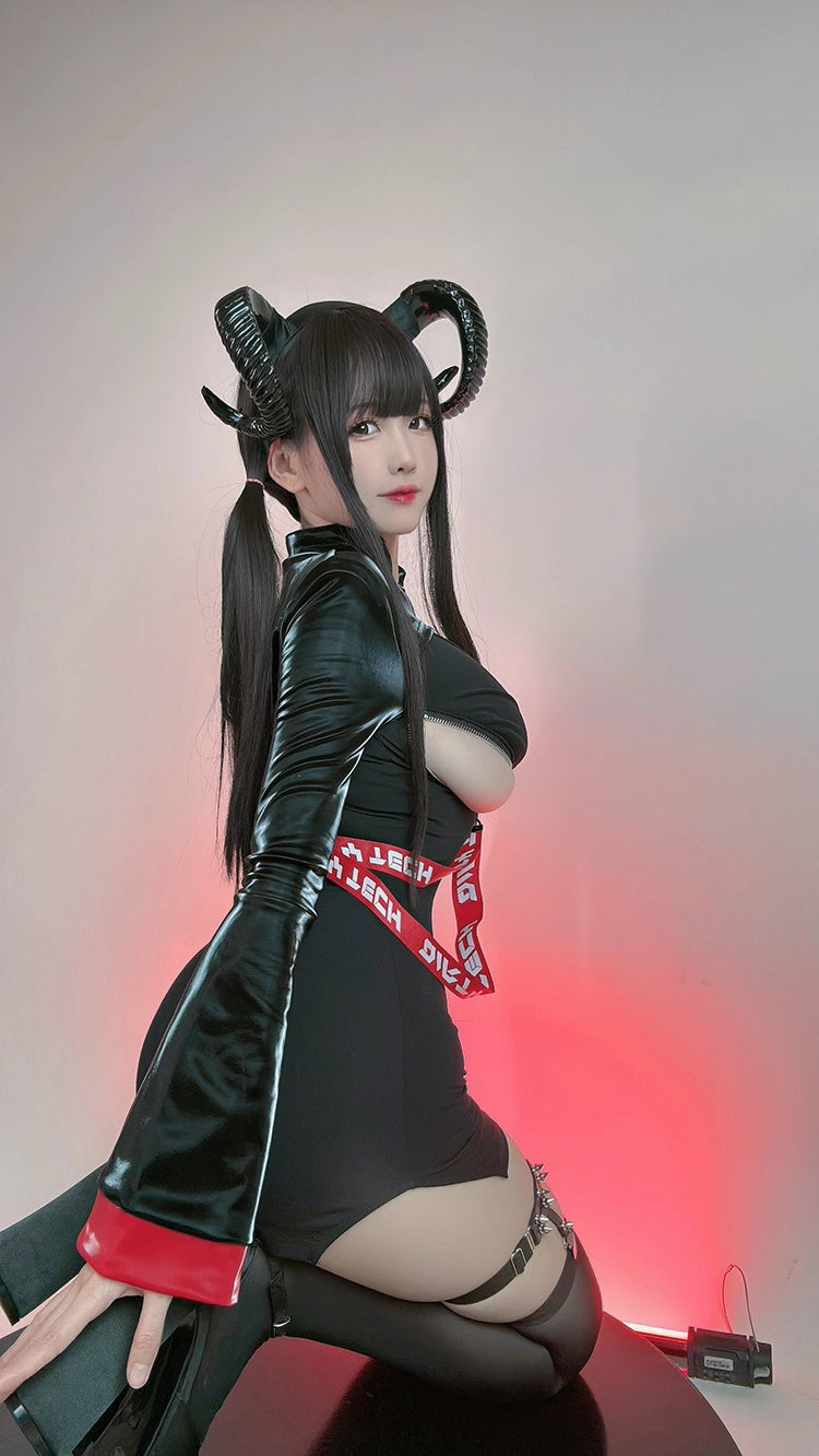 Anime Style Black and White Witch Spandex PU Leather Short Dress with Bust Zipper