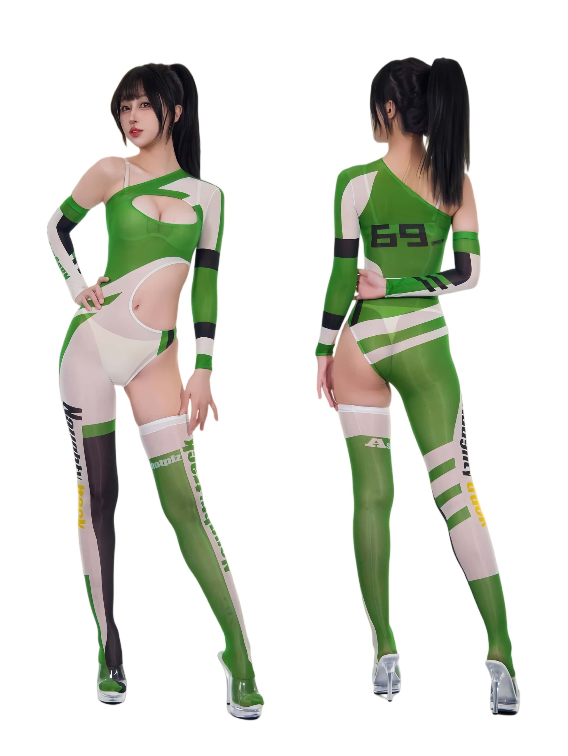 Racing Series Sheer Asymmetric Bodysuit – 10D Nylon Spandex Race Queen Bodystocking