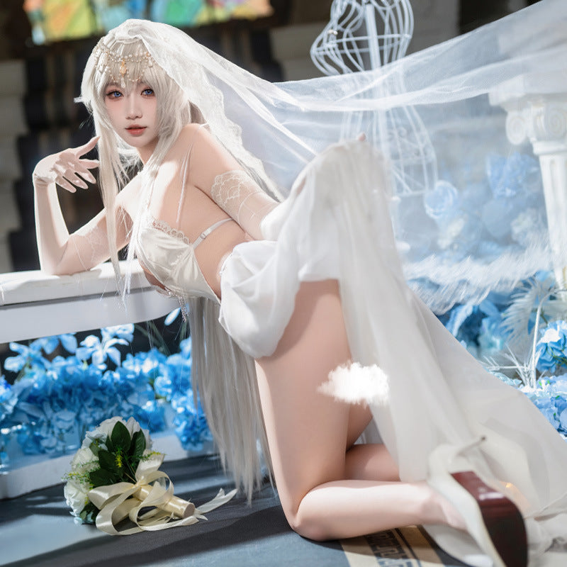 Gothic Bridal Cosplay Lingerie Set – Open-Crotch Sheer Lace Bodysuit, Veil & High-Slit Skirt Outfit
