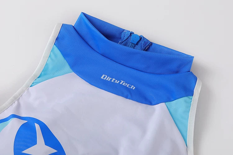 Blue and white sleeveless top with 'Dirty Tech' branding on a light gray background