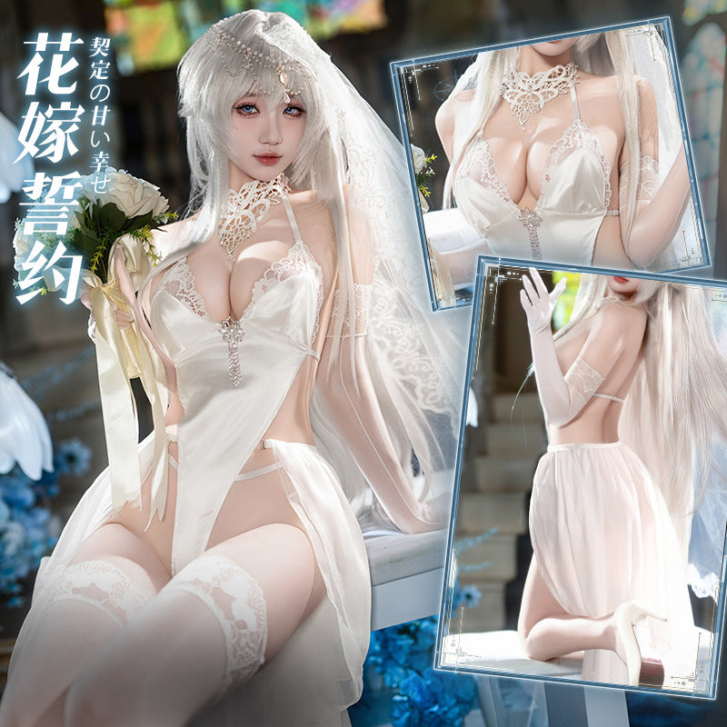 Gothic Bridal Cosplay Lingerie Set – Open-Crotch Sheer Lace Bodysuit, Veil & High-Slit Skirt Outfit