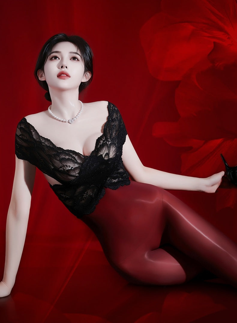 Premium 8D Ultra-Sheer Oil Shiny Full Bodystocking with Lace Top