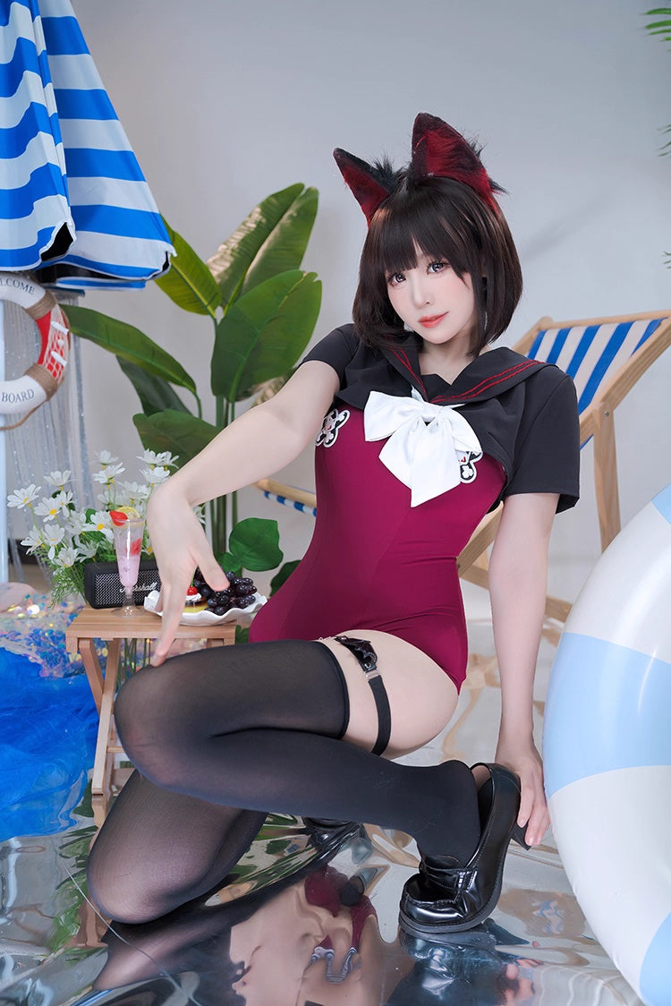 Japanese Anime Sailor Style Two-Piece Uniform Swimsuit Set with Bandage Design