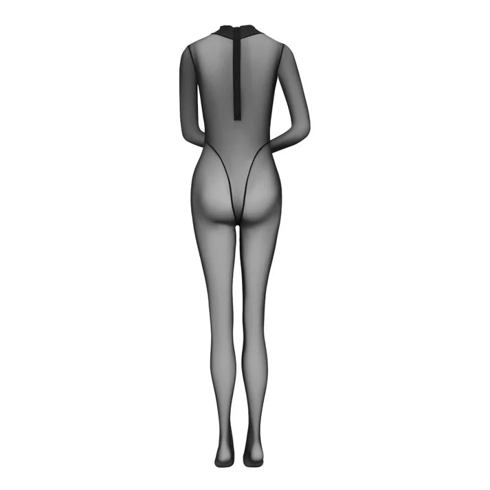 A full-body rear view of a person wearing a sheer black bodysuit or catsuit with long sleeves and a high neckline, shown against a plain white background.