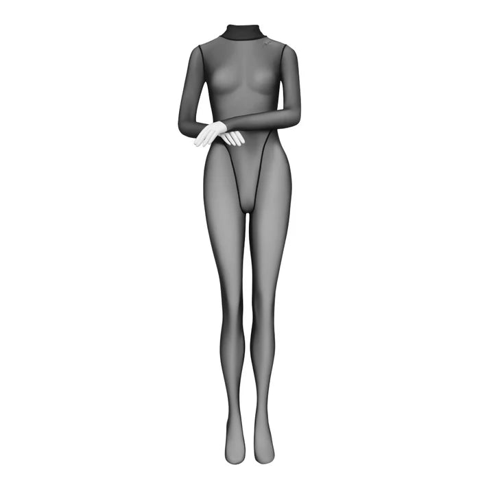 A full-body gray mannequin or dress form wearing a sheer long-sleeve bodysuit or catsuit, shown against a plain white background.