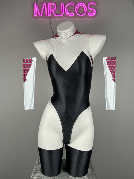 Spider Woman Gwen Stacy Spandex Open Crotch Cosplay Bodysuit Sexy Lingerie