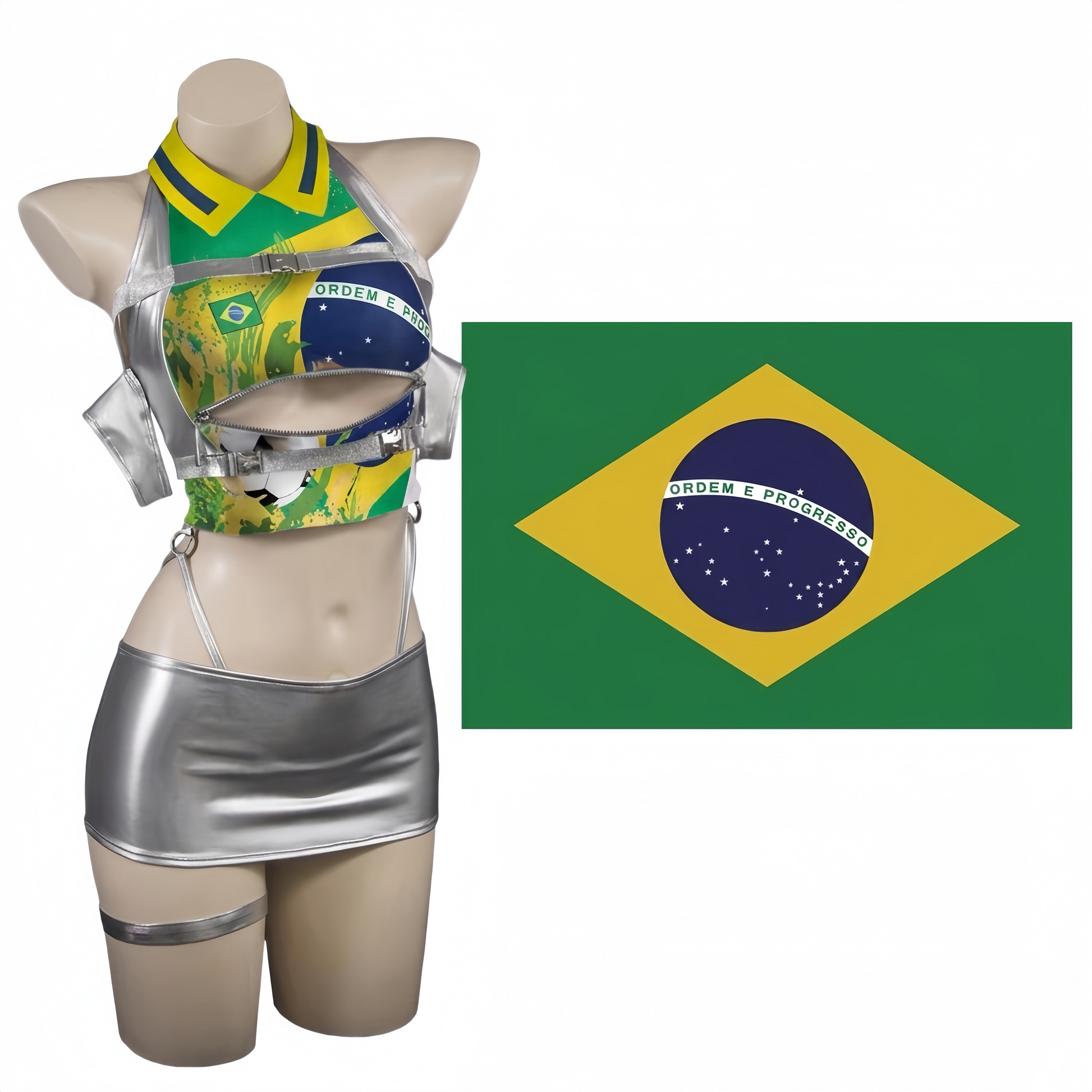 World Cup Soccer Star 3-in-1 Cosplay Set – Metallic PU Leather Clubwear & Rave Outfit