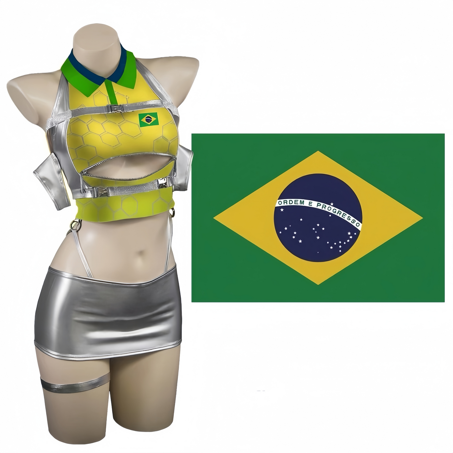World Cup Soccer Star 3-in-1 Cosplay Set – Metallic PU Leather Clubwear & Rave Outfit