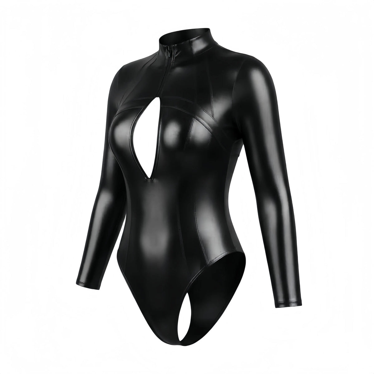 LEOHEX Glossy Spandex One-Piece Long-Sleeve Bodysuit & Swimsuit with YKK Front Zipper