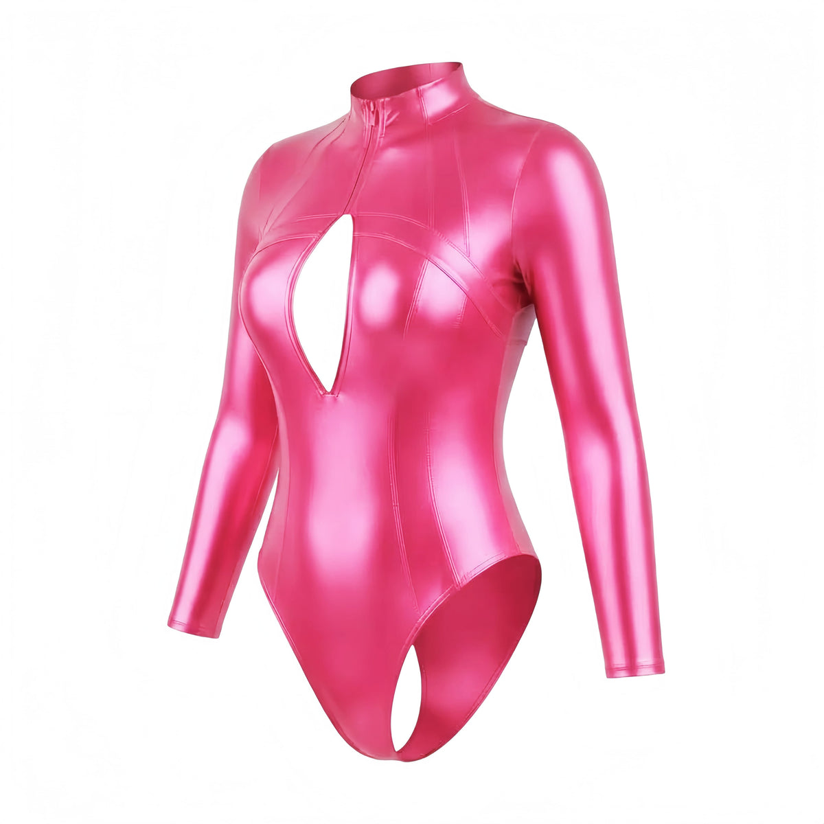 LEOHEX Glossy Spandex One-Piece Long-Sleeve Bodysuit & Swimsuit with YKK Front Zipper