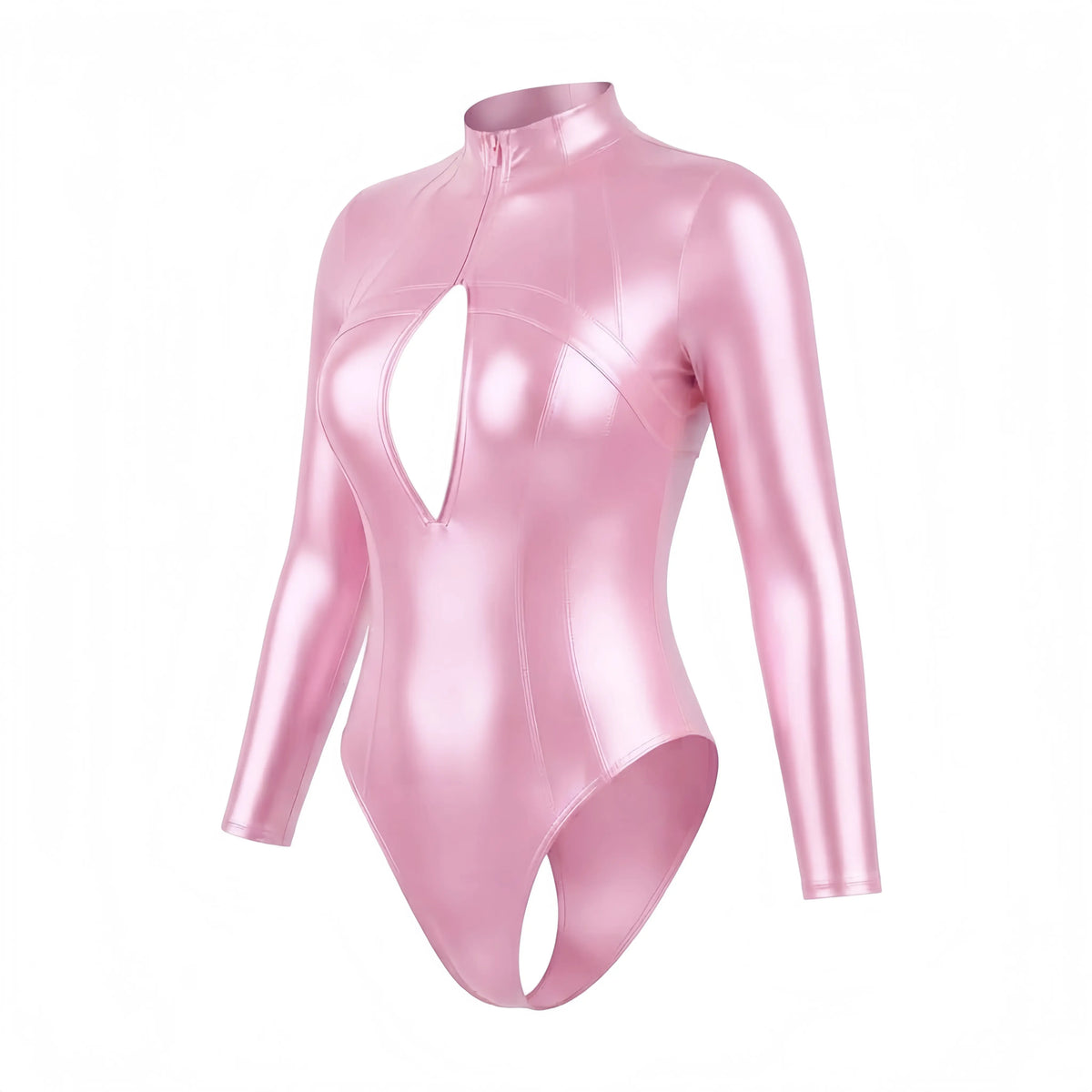 LEOHEX Glossy Spandex One-Piece Long-Sleeve Bodysuit & Swimsuit with YKK Front Zipper