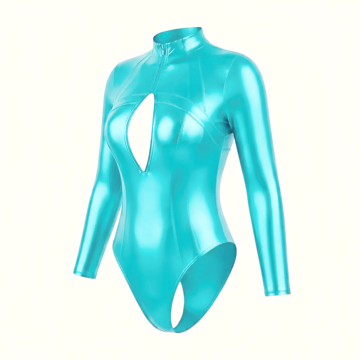LEOHEX Glossy Spandex One-Piece Long-Sleeve Bodysuit & Swimsuit with YKK Front Zipper