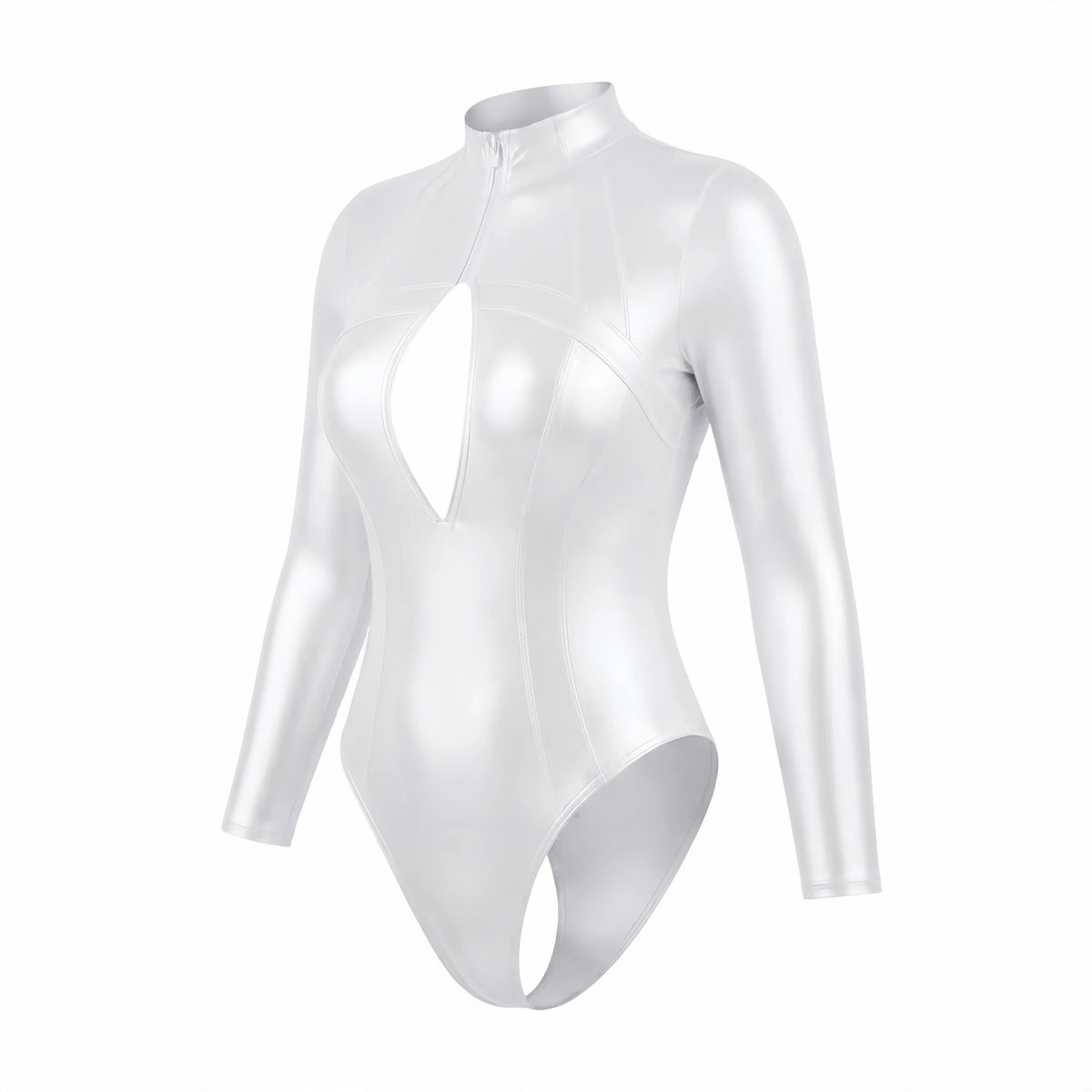 LEOHEX Glossy Spandex One-Piece Long-Sleeve Bodysuit & Swimsuit with YKK Front Zipper