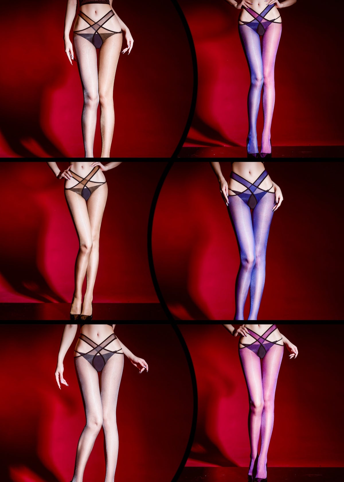 Crossover Waistband Split Leg Tights Crotchless Pantyhose
