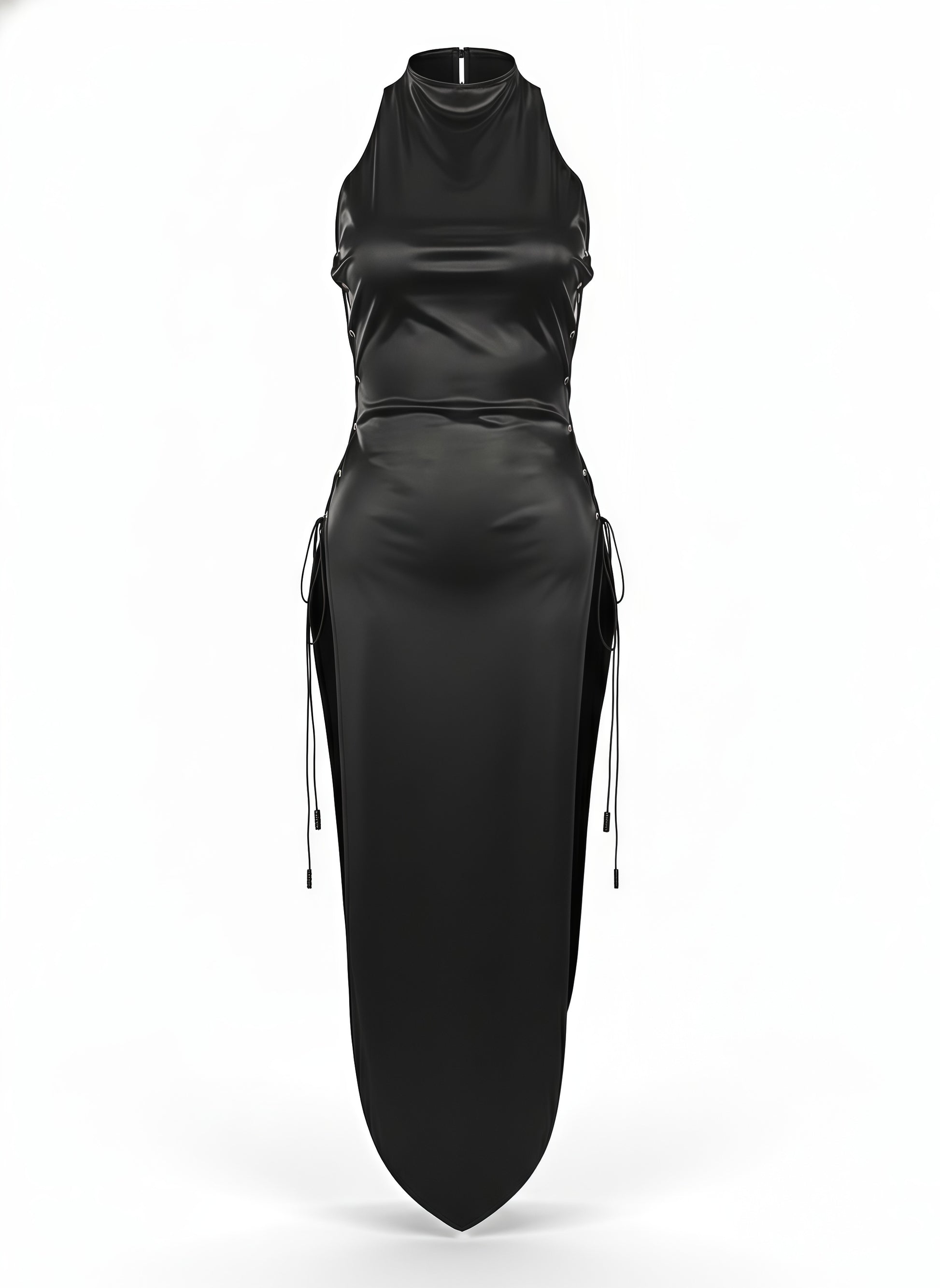 Black sleeveless dress with cut-out sides on a white background