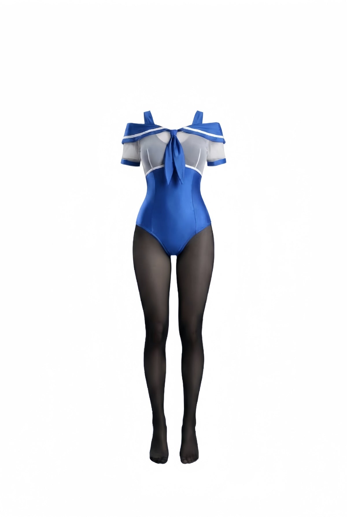 3-Piece Sailor Collar Bodysuit Set – Includes Glossy Bodysuit, Sheer Sailor Crop Top & Tights