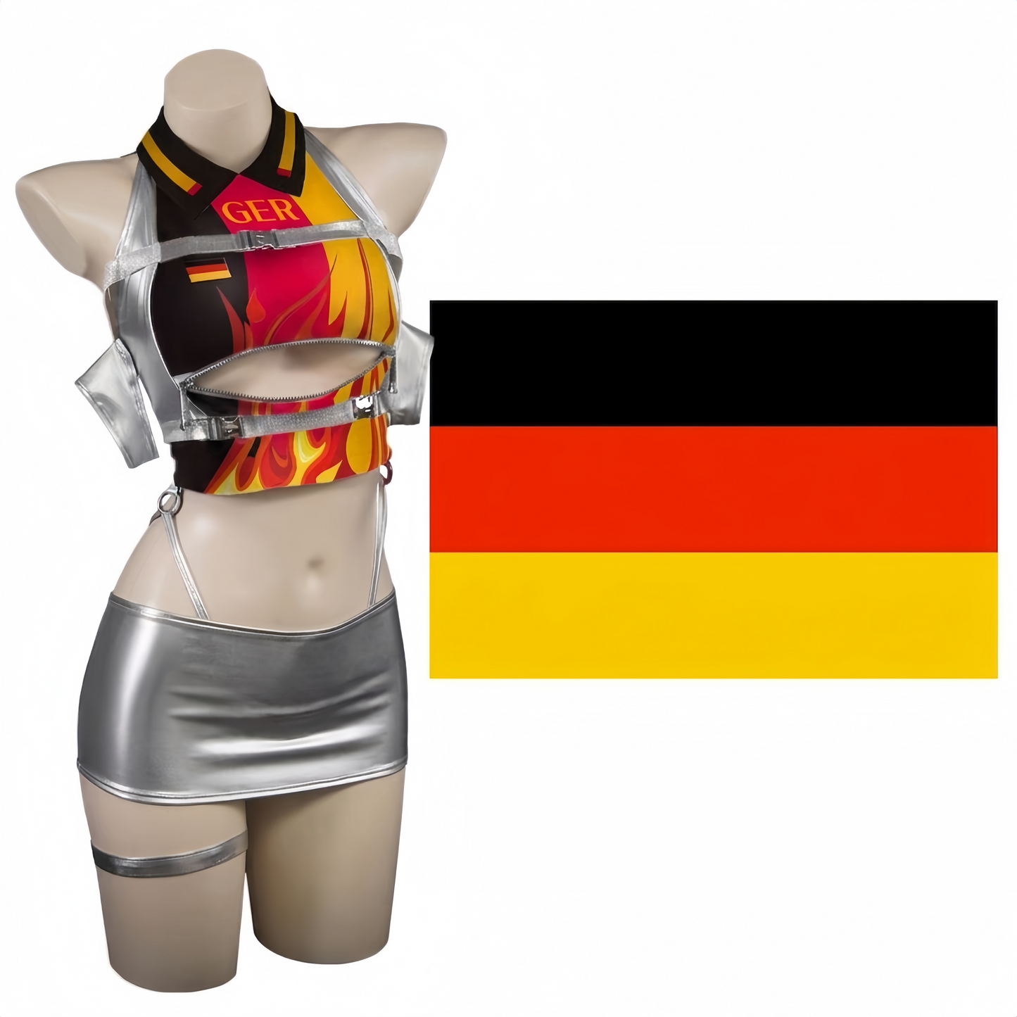 World Cup Soccer Star 3-in-1 Cosplay Set – Metallic PU Leather Clubwear & Rave Outfit