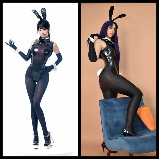 PU Leather Spandex See Through Bunny Girl Bodysuit Cosplay Costume Lingerie