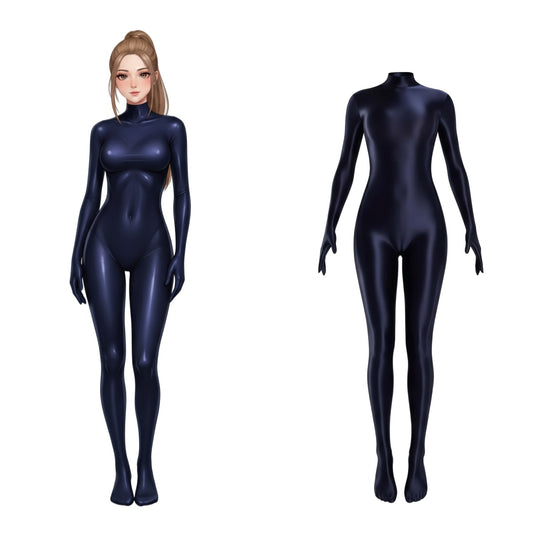 Navy blue full-body suit on a mannequin with a white background