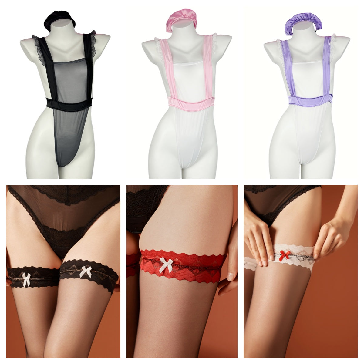 3-Pack Sexy Maid Lingerie Bundle – 3 Colors Bodysuits with 3 Pairs of Stockings