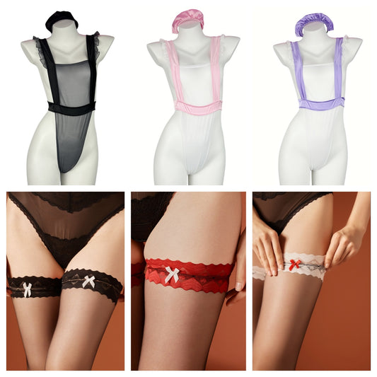3-Pack Sexy Maid Lingerie Bundle – 3 Colors Bodysuits with 3 Pairs of Stockings