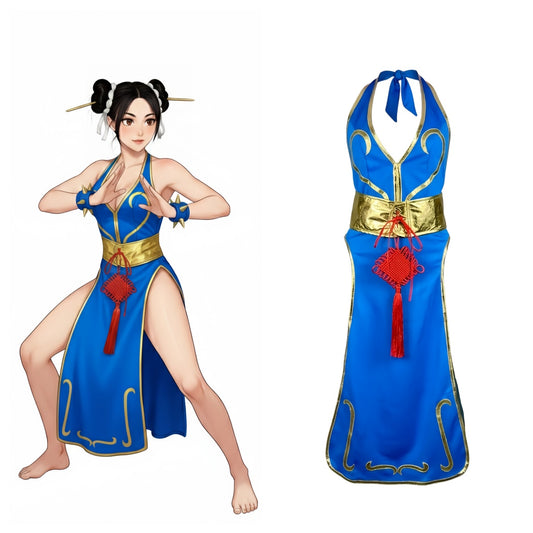 Blue dress with gold accents and red details on a white background