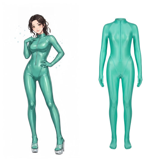 Teal full-body suit with a person wearing it on a white background