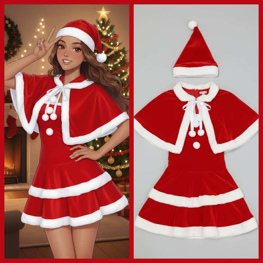 Sexy 3-Piece Christmas Party Dress Set with Shawl & Hat | Festive Cosplay Costume