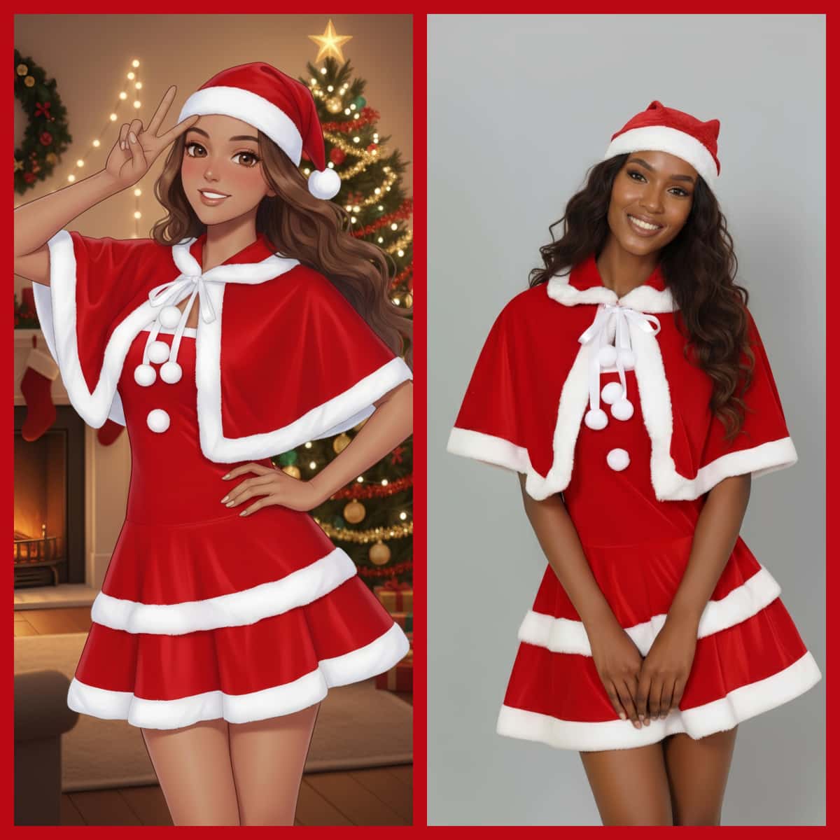Sexy 3-Piece Christmas Party Dress Set with Shawl & Hat | Festive Cosplay Costume