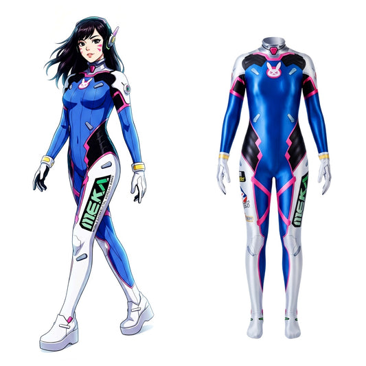 Blue and black futuristic suit with pink accents on a white background