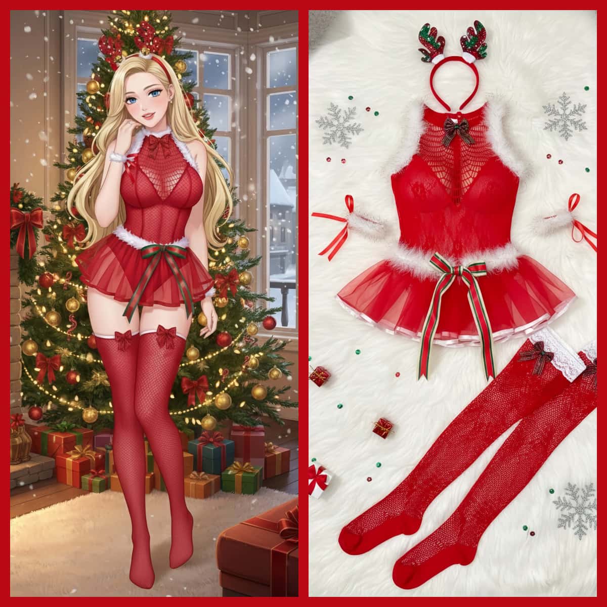 3-Piece Christmas Honey Mesh Babydoll Lingerie Set