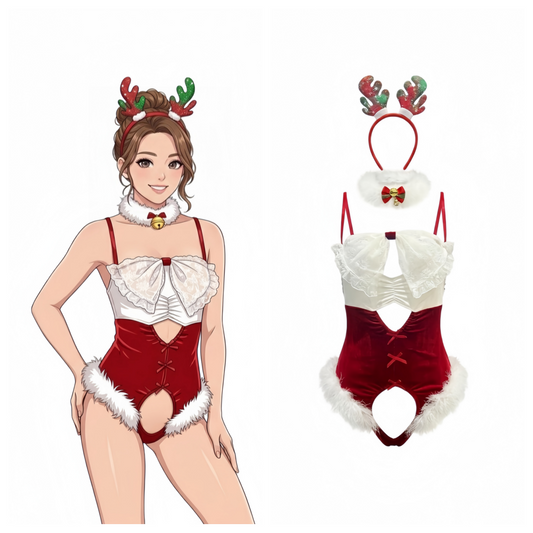 Naughty & Nice: Backless Reindeer Cosplay Teddy with Fur Trim