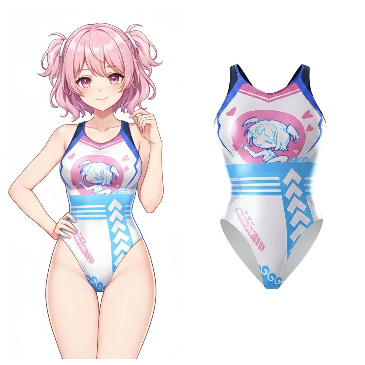 Anime character wearing a swimsuit with a design of another character on a white background