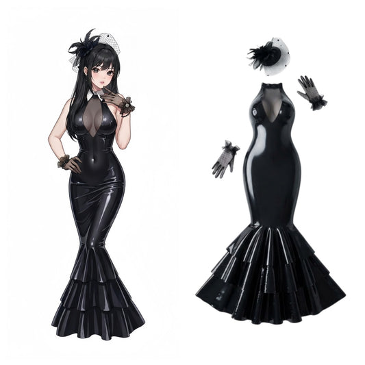 Seductive Black Patent Leather & Mesh Mermaid Lingerie Costume Set